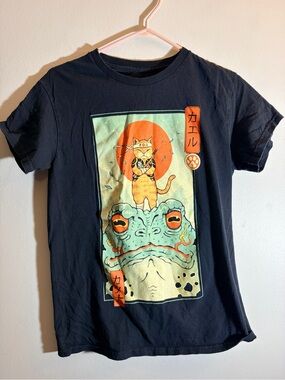 Threadless Black Tee with Orange Sun, Mint Cat & Frog Graphic